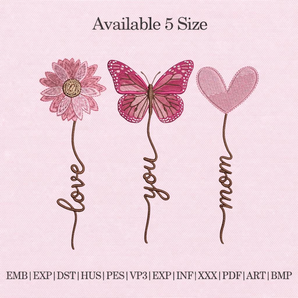 Love Embroidery Design Bundle, Flower Butterfly Heart Love Script ...