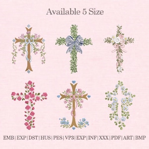 May include: Embroidered cross designs in various styles, including floral and bow accents. The crosses are in different colors and patterns, with the text "Available 5 Size" at the top. The bottom of the image lists file formats.