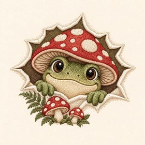 Könnte beinhalten: Ein gestickter Aufnäher mit einem grünen Frosch, der hinter einem großen rot-weiß gepunkteten Pilzhut hervorschaut. Das Design umfasst zwei kleinere Pilze und grüne Farnblätter an der Basis, eingefasst in einen gezackten, sternförmigen Rand.