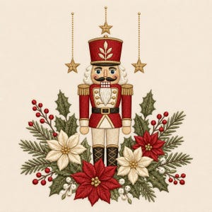 May include: An embroidered nutcracker figure in a red uniform with gold accents, positioned above a festive arrangement of red and white poinsettia flowers, green holly leaves, pine needles, and red berries, with three hanging gold stars above.