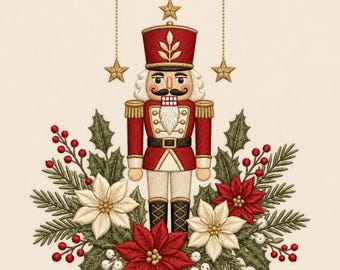 May include: An embroidered nutcracker figure in a red uniform with gold accents, positioned above a festive arrangement of red and white poinsettia flowers, green holly leaves, pine needles, and red berries, with three hanging gold stars above.