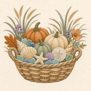 Coastal Pumpkin Basket Embroidery Design, Beach Fall Harvest Machine Embroidery File, Seashell Autumn Digital Download PES DST EXP
