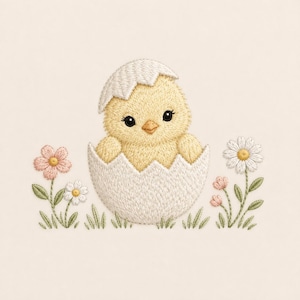 May include: An embroidery design featuring a fluffy yellow chick emerging from a cracked white eggshell. The chick has dark eyes and an orange beak. It is surrounded by small embroidered pink and white flowers with green stems and leaves.