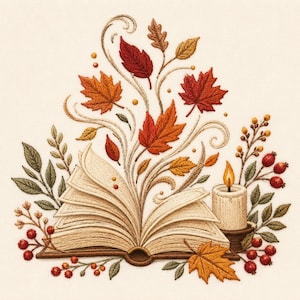 Autumn Book Embroidery Design, Open Book with Falling Leaves and Candle, Cozy Bookish Machine Embroidery File