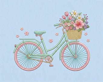 花柄自転車の刺繍デザイン、花かご付きビンテージ自転車の機械刺繍パターン、春の庭の装飾ファイル