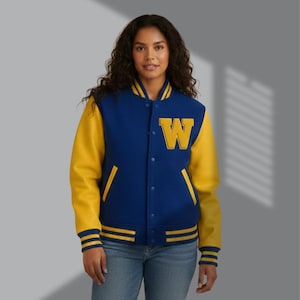 May include: A blue and yellow varsity jacket with a large yellow "W" on the chest. The jacket has yellow sleeves and striped cuffs and collar. The jacket is buttoned up and has two front pockets.