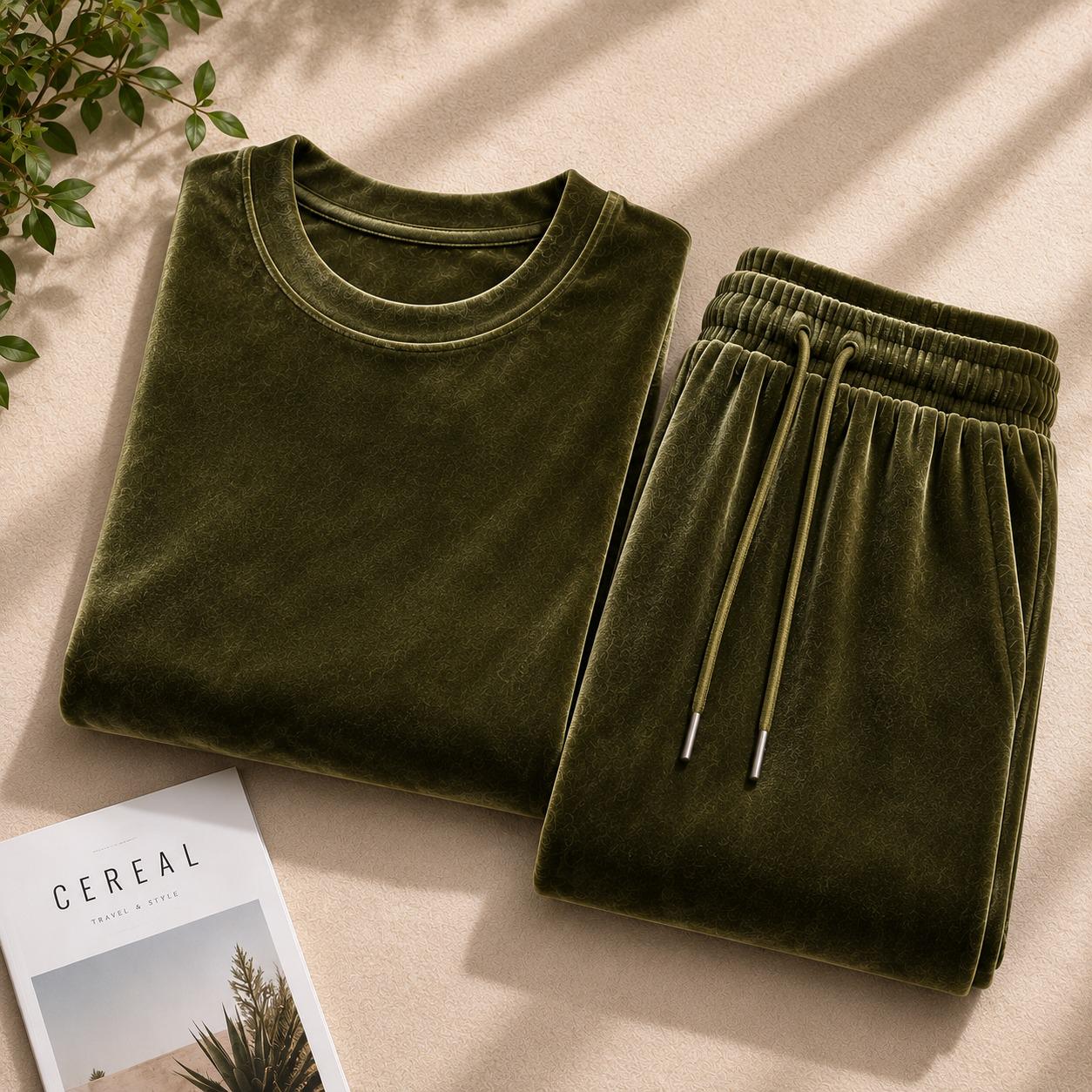 Olive Green Velvet Lounge Set for Women, Soft Velour Two Piece Outfit