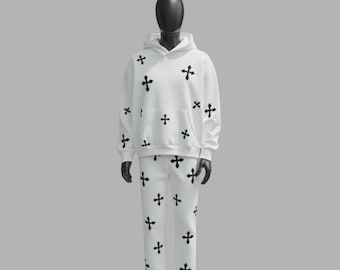 Wit en zwart trainingspak met kruispatroon | Set met regular-fit hoodie en joggingbroek