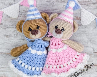 Lovey Crochet Pattern - Teddy Bear PDF Security Blanket - Tutorial Digital Download DIY - Mia and Owen the Birthday Bears Lovey -  Dou Dou