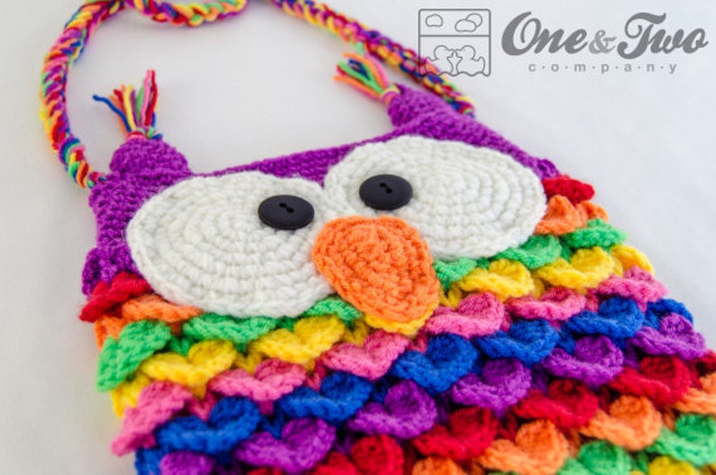 Colorful Owl Purse PDF Crochet Pattern Instant Download Crocodile Stitch Bag Tote Colorful Crochet Videotutorial Girl Animal image 4