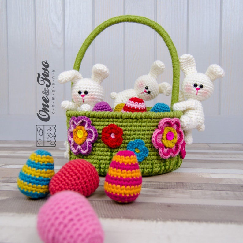 Cestino pasquale Little Bunnies Schema PDF per uncinetto Download istantaneo Cestino di uova di Pasqua Utile colorato immagine 4
