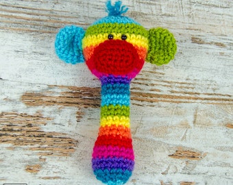 Crochet Pattern - Rainbow Sock Monkey Handle Rattle Tutorial Digital Download DIY - Animal Rattle Crochet - Nursery Babyshower