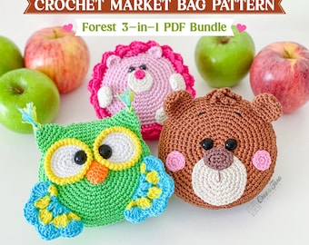 Crochet Market Bag Pattern, Forest Animal Shopping Bags Bundle, 3 in 1 PDF