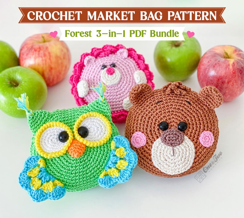 May include: A crochet market bag pattern titled Forest 3-in-1 PDF Bundle featuring three round, animal-themed pouches: a green owl, a pink hedgehog, and a brown bear, displayed alongside four fresh red and green apples on a white surface.