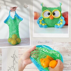 May include: A green and blue crocheted owl-shaped folding shopping bag. The bag features a mesh body, a solid crocheted owl face with large white and black eyes, and an orange beak. The bag can be folded into the owl shape for storage.