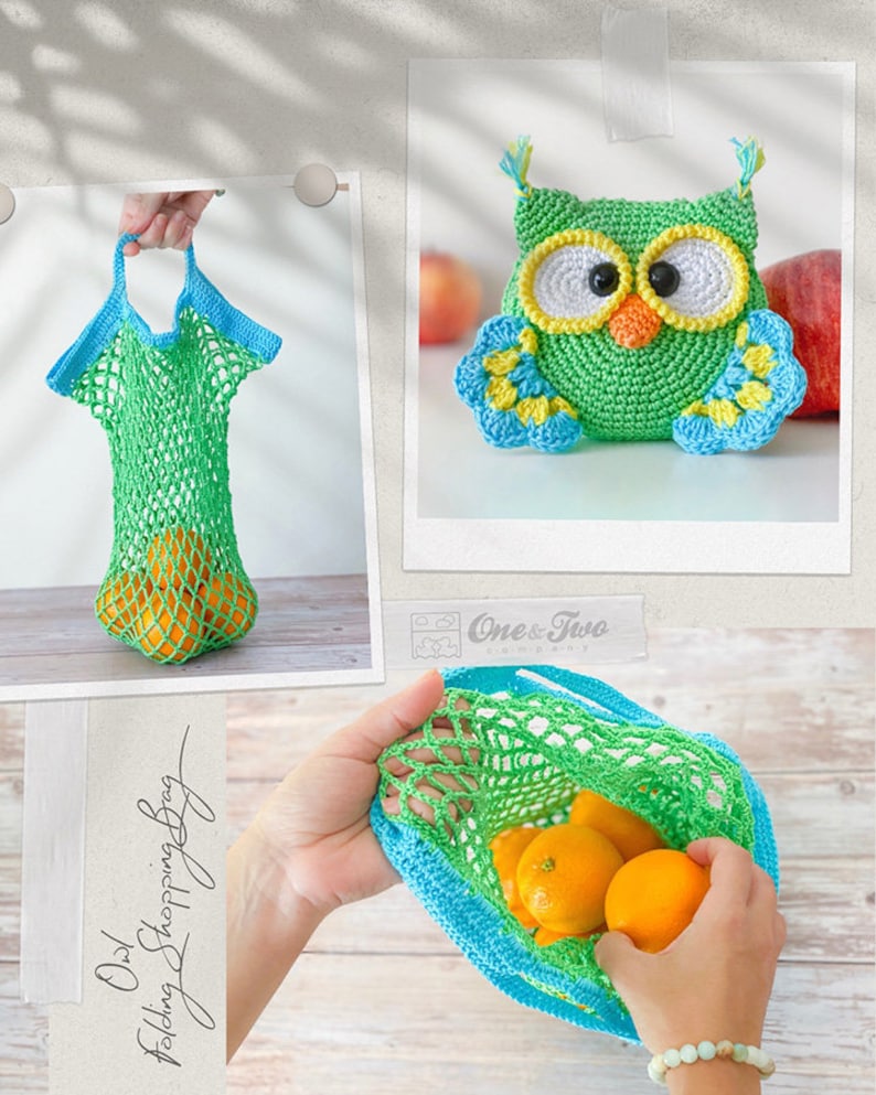 May include: A green and blue crocheted owl-shaped folding shopping bag. The bag features a mesh body, a solid crocheted owl face with large white and black eyes, and an orange beak. The bag can be folded into the owl shape for storage.
