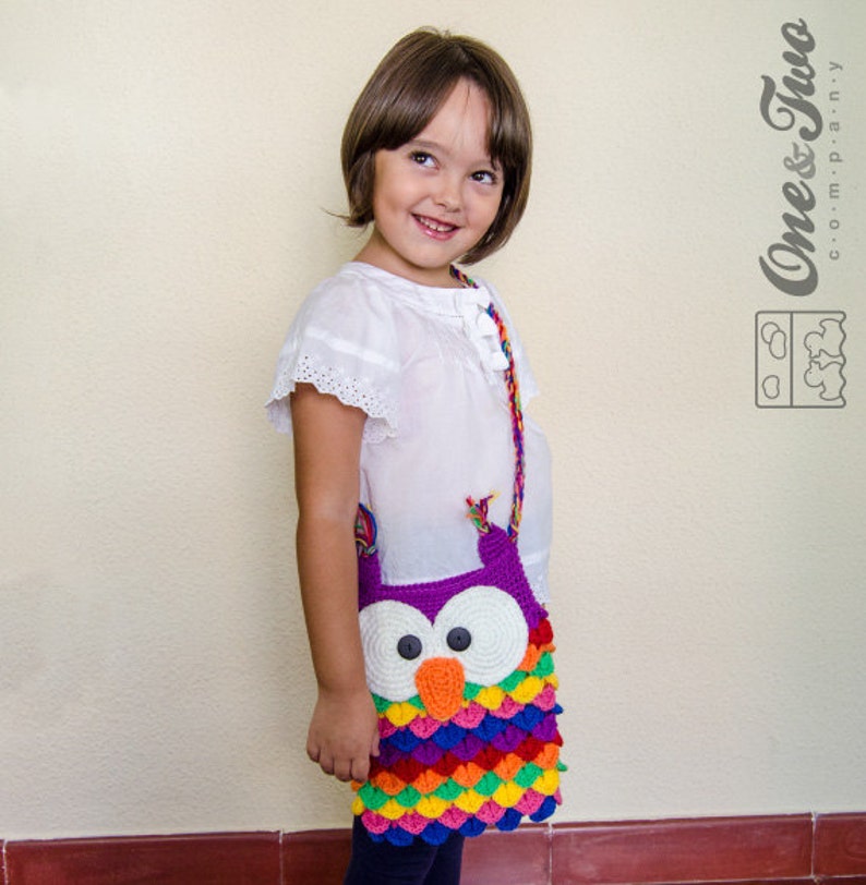 Colorful Owl Purse PDF Crochet Pattern Instant Download Crocodile Stitch Bag Tote Colorful Crochet Videotutorial Girl Animal image 2
