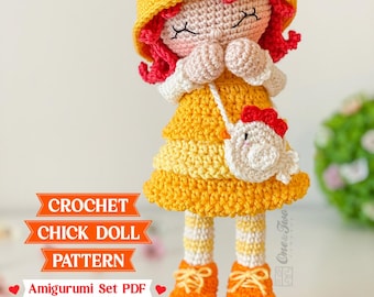 May include: A crochet doll featuring red hair, a yellow chick-themed hat, and a yellow dress. The doll wears a white cross-body bag shaped like a chick, striped socks, and orange shoes. Text reads: CROCHET CHICK DOLL PATTERN Amigurumi Set PDF.