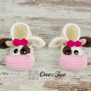 Doris the Cow Booties - PDF Schema all'uncinetto - Taglie per bambini (US 6, 7-8, 9) - Scarpe Pantofole per bambini piccoli