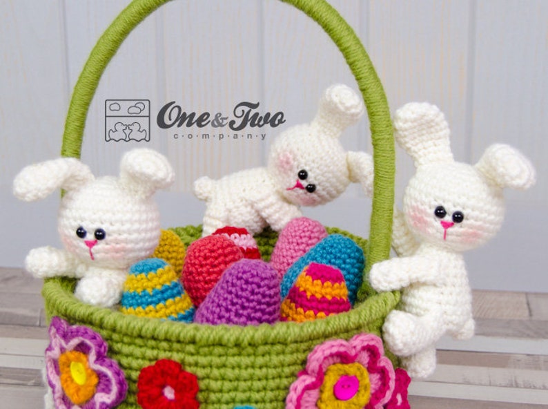 Cestino pasquale Little Bunnies Schema PDF per uncinetto Download istantaneo Cestino di uova di Pasqua Utile colorato immagine 2
