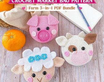 Crochet Market Bag Pattern, Farm Animals Shopping Bags Bundle, 3 in 1 PDF