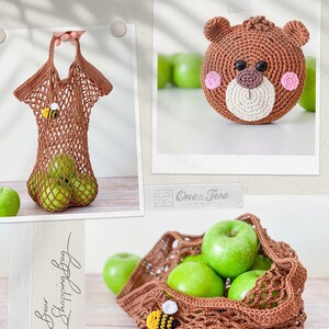May include: A brown crocheted mesh shopping bag featuring a small yellow and black bee appliqu&eacute;. The bag is designed to fold into a round, brown crocheted bear face with black eyes, a dark brown nose, and pink cheeks. Text reads: Bear Folding Shopping Bag.