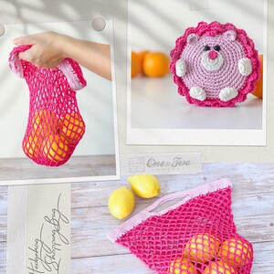 May include: A bright pink crocheted mesh shopping bag with a light pink handle, containing yellow lemons. A separate crocheted pink and white hedgehog-shaped pouch is shown. The text "One & Two" and "Hedgehog Folding Shopping Bag" is visible.