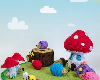 Amigurumi Pattern - Bee Hedgehog Mushroom PDF Crochet Pattern - Tutorial Digital Download DIY - Adventure on the Woods Playset - Plush Toy
