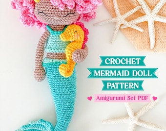 Crochet Mermaid Doll Pattern, Amigurumi Set PDF