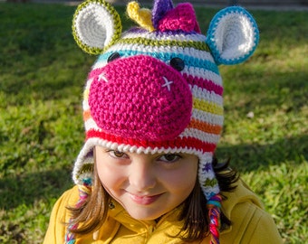 Zebra Hat Crochet Pattern · Rainbow Earflat Amigurumi · 7 sizes Newborn to Adult   · DIY PDF