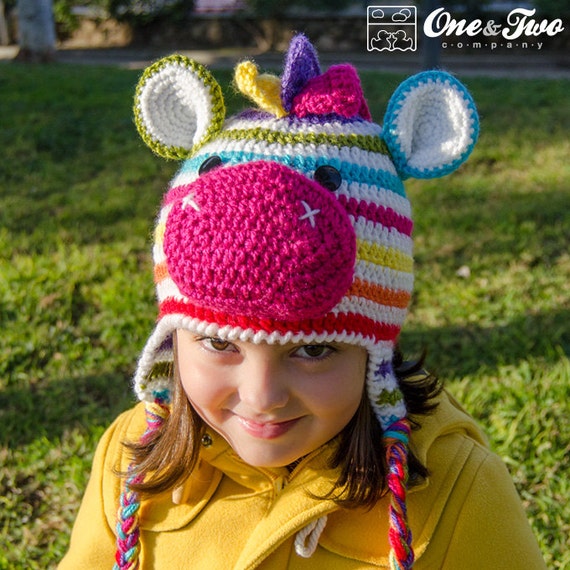 Zebra Hat Crochet Pattern · Rainbow Earflat Amigurumi · 7 sizes Newborn to Adult   · DIY PDF