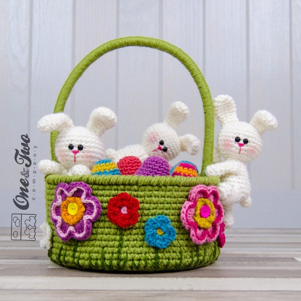 Panier de Pâques petits lapins - Patron au crochet PDF - Téléchargement immédiat - Panier d'oeufs de Pâques utile coloré