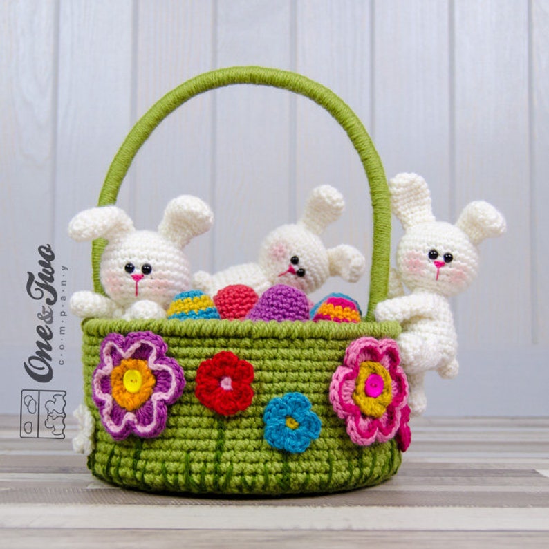 Little Bunnies Easter Basket PDF Crochet Pattern Instant Download Easter Eggs Basket Useful Colorful image 1