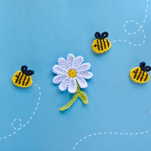 Instant Download - PDF Crochet Pattern - Bee and Flower Applique - Text instructions and SYMBOL CHART instructions
