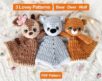 Crochet Lovey Pattern , Bear,  Deer,  Wolf,  Baby Blanket, Low Sew, 3 in 1 Bundle PDF