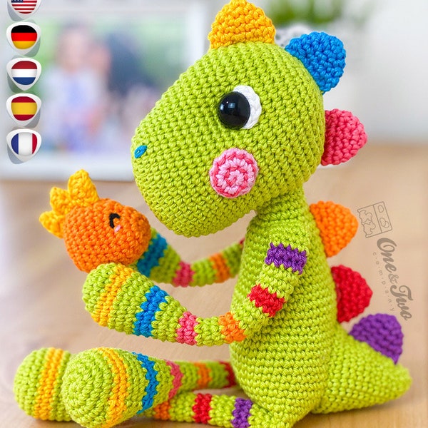 Amigurumi Pattern - Dinosaur PDF Crochet Pattern - Tutorial Digital Download DIY - Chipper the Rainbow Dino Amigurumi - Toy