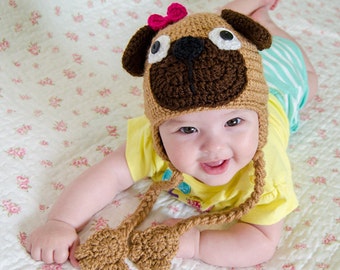 Sombrero de Pug Cachorro - Patrón de Ganchillo PDF - 7 tamaños (Recién Nacido a Adulto) - Gorro Gorro Bebé Niño Adulto Accesorio