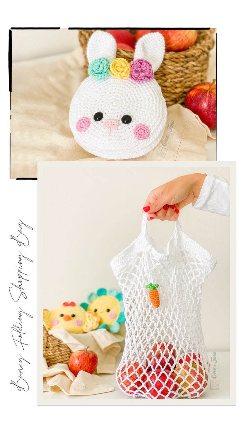 Crochet Market Bag Pattern, Shopping Bags Easter Animals Bundle, 3 in 1 PDF image 2