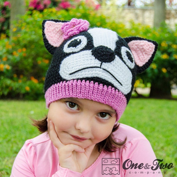 Boston Terrier / French Bulldog Hat - PDF Crochet Pattern - 6 sizes ( 0-3 months to Adult ) - Beanie Hat Baby Child Adult Accessorie