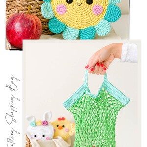 May include: A bright green crocheted net shopping bag with a light blue handle, containing several red apples. The text "Flower Folding Shopping Bag" is visible on the left side, and a crocheted flower-shaped item is shown above.