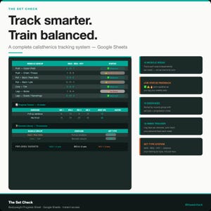 May include: A digital calisthenics tracking system for Google Sheets. The image shows a detailed workout tracker with sections for muscle groups, exercises, and a 12-week progress tracker. The text reads "Track smarter. Train balanced."