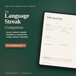 Pode incluir: Um planejador digital com o texto "The Language Streak Companion" e um diário de aulas diário. O planejador inclui seções para vocabulário, gramática e acompanhamento do progresso. O fundo é verde escuro.