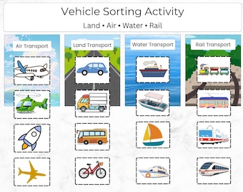 Vehicle Sorting Activity for Preschool, Land Air Water Transport Montessori Busy Book Toddler Learning