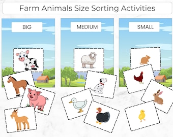 Farm Animals Size Sorting Activity, Preschool Printable Learning, Sort by Size, Montessori PDF