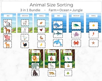 Animal Size Sorting Bundle Printable Preschool Learning Farm Ocean Jungle Busy Book PDF