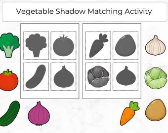 Vegetable Shadow Matching Activity, Matching Game for Kids, Cut and Paste Worksheet, Toddler Activities