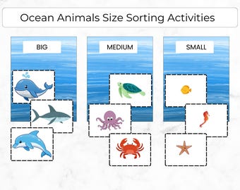 Ocean Animals Size Sorting, Big Medium Small Cards, Preschool Activity, Printable Learning Game