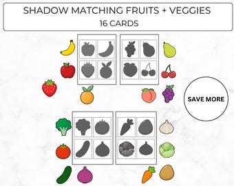 Fruit & Vegetables Sorting Printable, Shadow Matching, Matching Game for Kids, Cut and Paste Activity