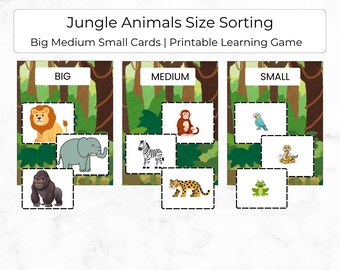 Jungle Animals Size Sorting, Big Medium Small Cards, Preschool Activity, Printable Learning Game