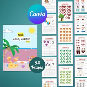 May include: A colorful math activity worksheet for kids with the title "Math Activity Worksheet for kids" and the number of pages "84 Pages". The cover features a beach scene with children playing. Additional pages show number tracing, addition, and subtraction exercises.